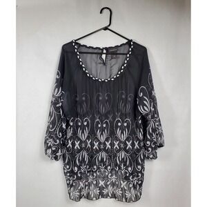 Lane Bryant Black White Floral Pleated Sheer Tunic Blouse 14/16 3/4 Sleeve